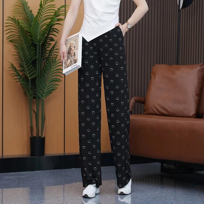 Smile Face Print Casual Ice Silk Pants with Pockets