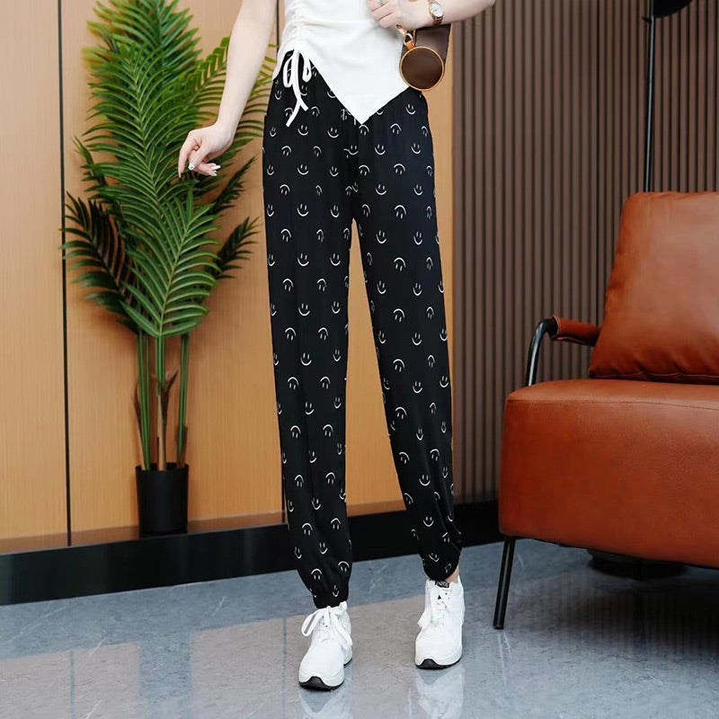 Smile Face Print Casual Ice Silk Pants with Pockets