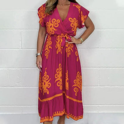 Summer Ruffle Sleeves Tie V-Neck Dress For Plus Size Girls