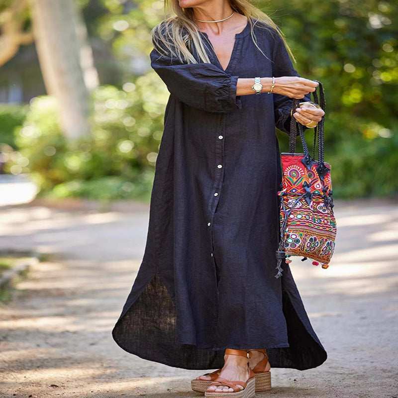 🔥2026 HOT SALE🔥🌸Women’s Minimalist Cotton Linen V-neck Long Dress