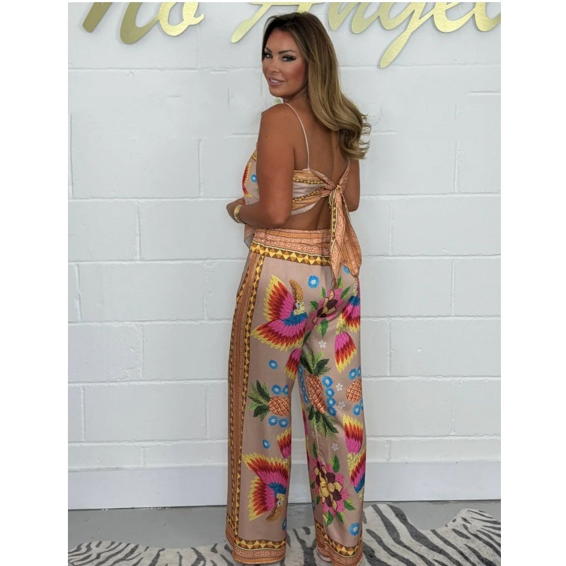 🔥New Arrival 49% OFF⚡50K+ SOLD!💝Spaghetti Strap Printed Top & Loose Women's Pants 2-Piece Set