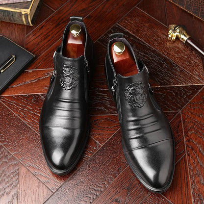 Men's Leather Ankle Boots with Double Side Zipper and Pointed Toe