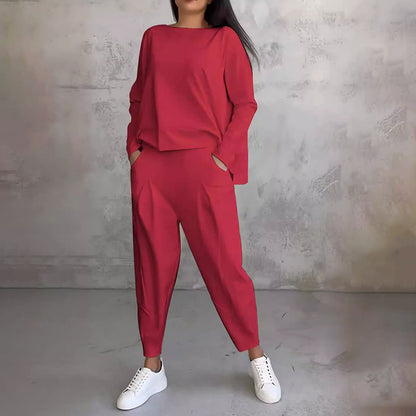 SaRound-Neck Long-Sleeved Top ＆ Pants 2-Piece Set