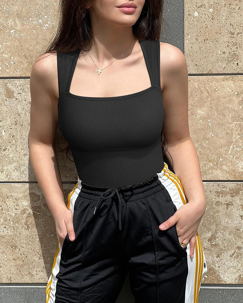 Sexy Ribbed Strappy Square Neck Sleeveless Tummy Control Tank Tops Bodysuits🩱