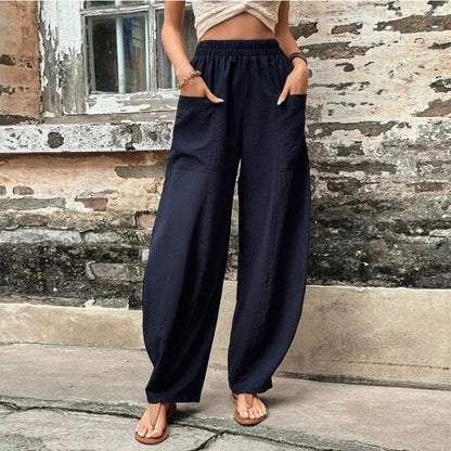 Women's Solid Colour Trousers with Elastic Waist and Pockets – Perfect for Everyday Wear