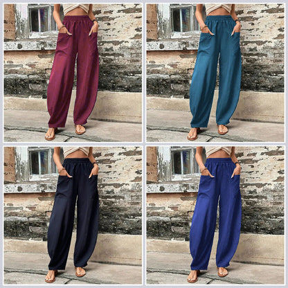 Women's Solid Colour Trousers with Elastic Waist and Pockets – Perfect for Everyday Wear