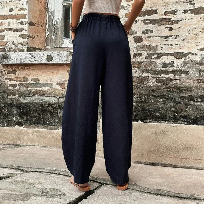 Women's Solid Colour Trousers with Elastic Waist and Pockets – Perfect for Everyday Wear