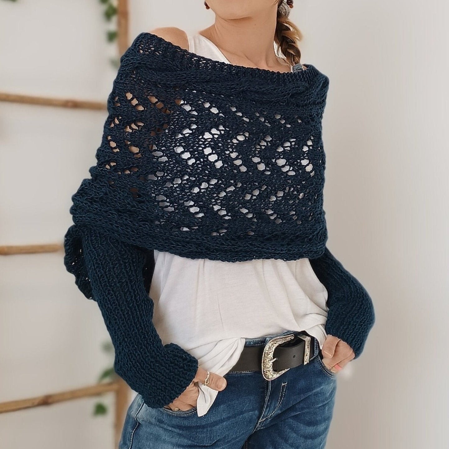 Women’s Knitted Cut-Out Shawl Poncho Wrap