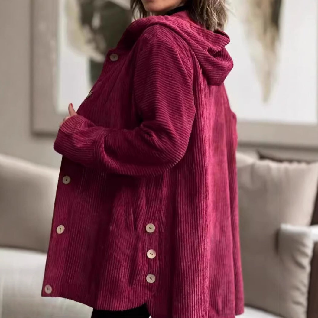 Women's Oversized Hooded Corduroy Button Down Shacket