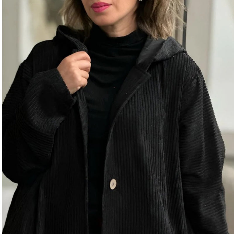 Women's Oversized Hooded Corduroy Button Down Shacket