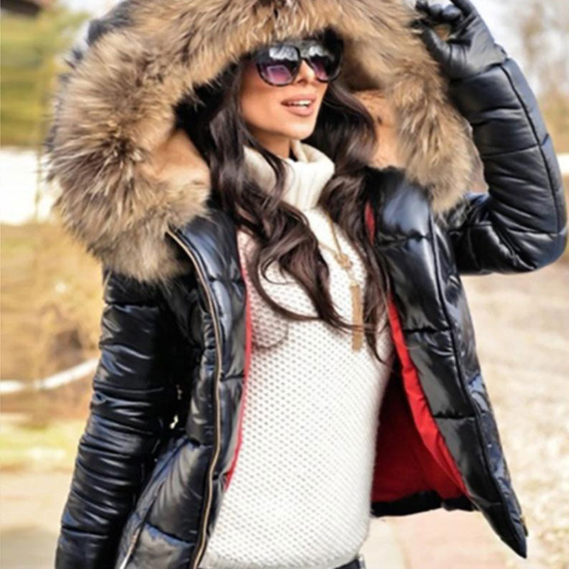 Ladies Casual Warm Large Fur Collar Hooded Jacket