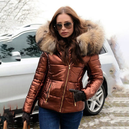 Ladies Casual Warm Large Fur Collar Hooded Jacket