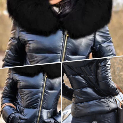 Ladies Casual Warm Large Fur Collar Hooded Jacket