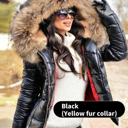 Ladies Casual Warm Large Fur Collar Hooded Jacket