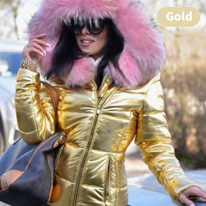 Ladies Casual Warm Large Fur Collar Hooded Jacket