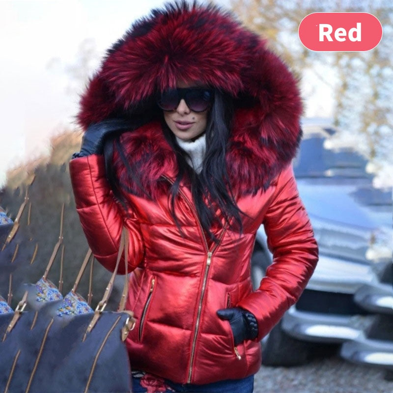 Ladies Casual Warm Large Fur Collar Hooded Jacket