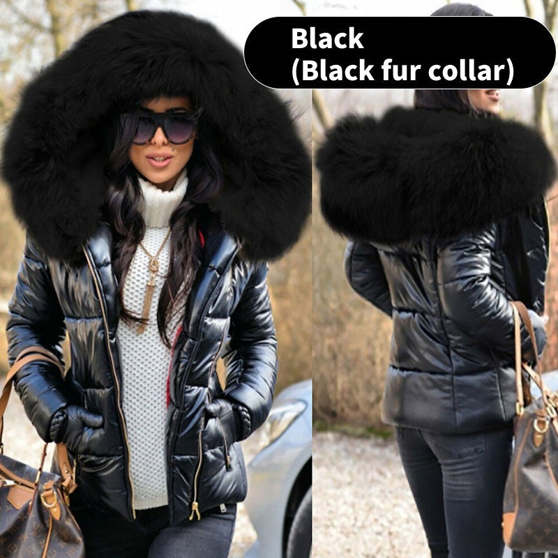 Ladies Casual Warm Large Fur Collar Hooded Jacket