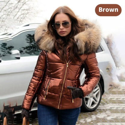 Ladies Casual Warm Large Fur Collar Hooded Jacket