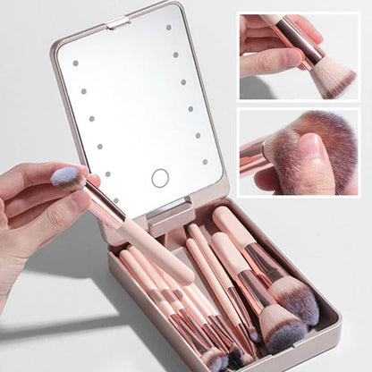 🔥 Big Sale 50% OFF🌈Travel Makeup Brush Set with LED Light Mirror