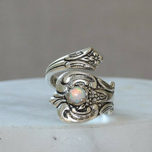 White Opal Spoon Adjustable Ring