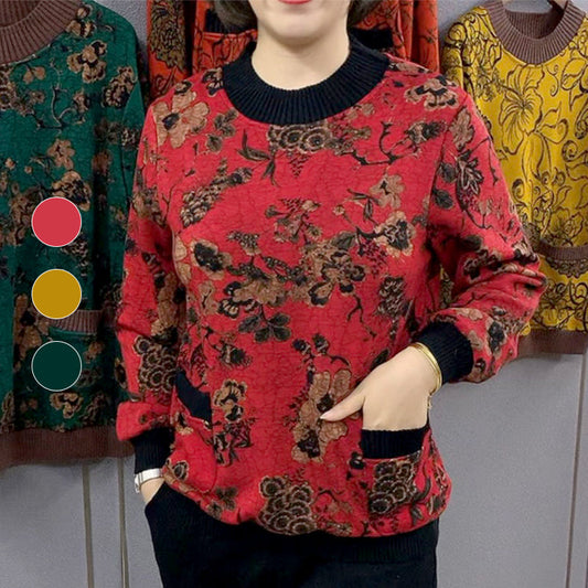 Women’s Floral Round Neck Plush-lined Sweater