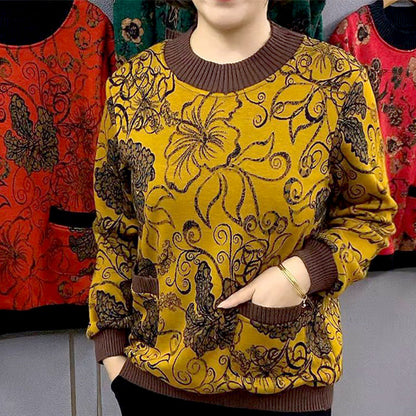 Women’s Floral Round Neck Plush-lined Sweater