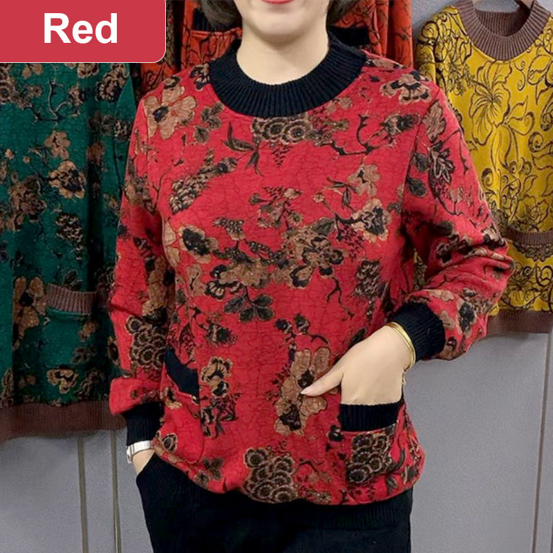 Women’s Floral Round Neck Plush-lined Sweater