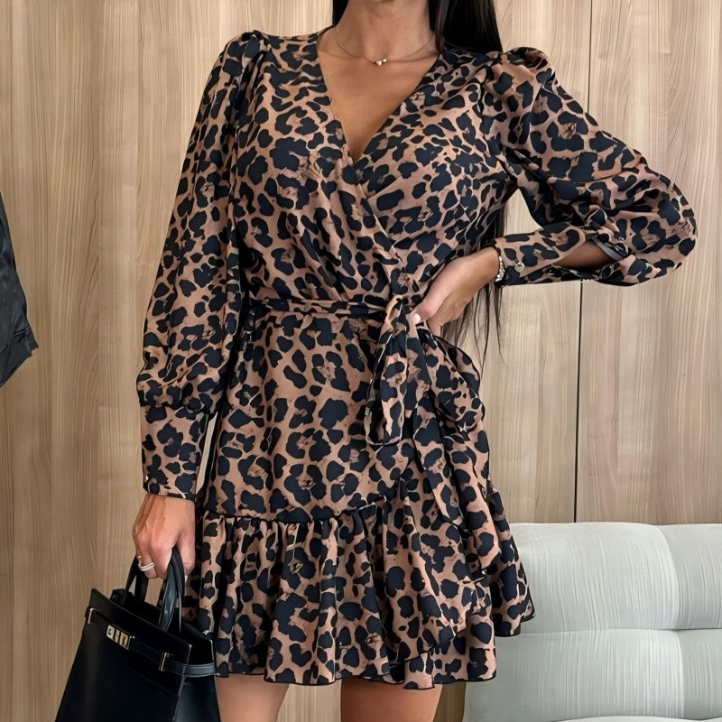 💥LAST DAY SALE 49% OFF💖Leopard Print Wrap V-Neck Waist Tie Dress