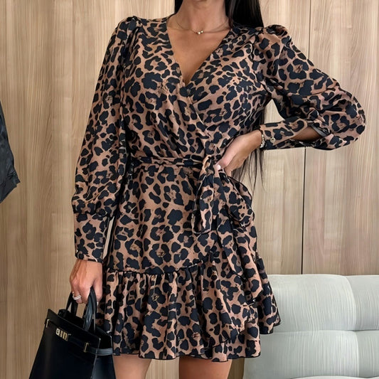 💥LAST DAY SALE 49% OFF💖Leopard Print Wrap V-Neck Waist Tie Dress
