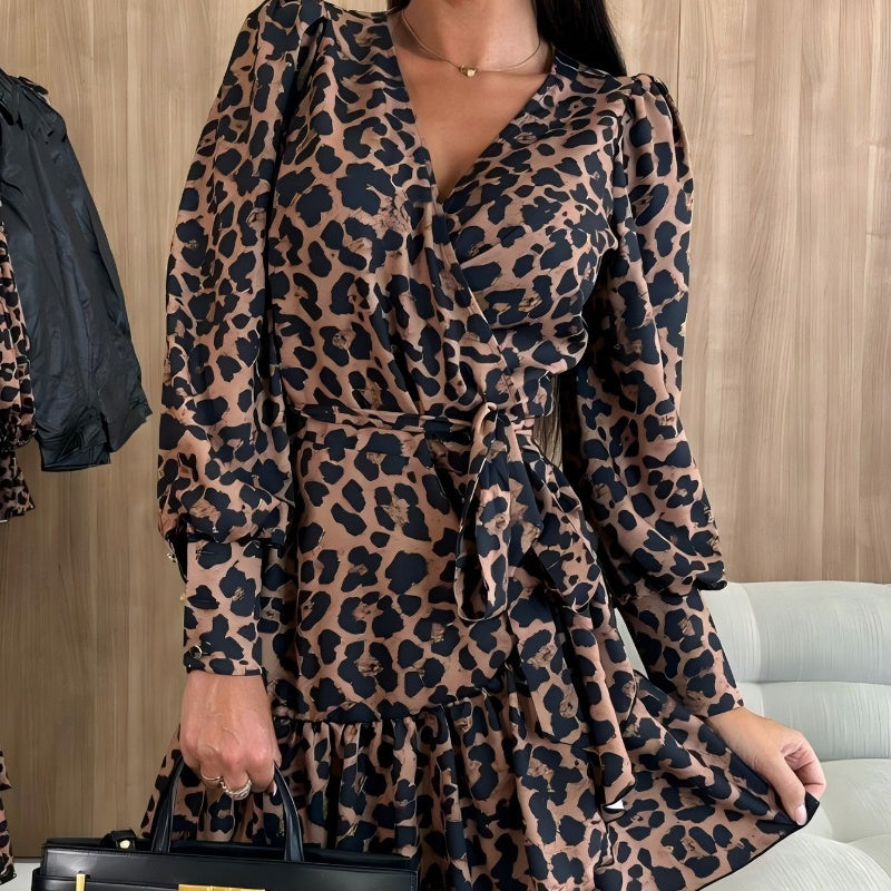 💥LAST DAY SALE 49% OFF💖Leopard Print Wrap V-Neck Waist Tie Dress