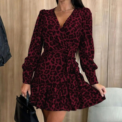 💥LAST DAY SALE 49% OFF💖Leopard Print Wrap V-Neck Waist Tie Dress