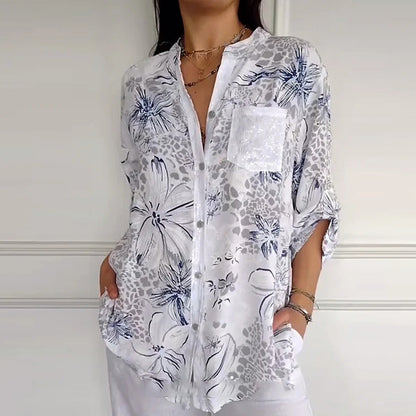 Women’s Stand Floral Collar Printed Shirt