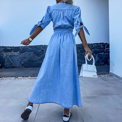 💐 Women's V-Neck Button Down Denim Dress