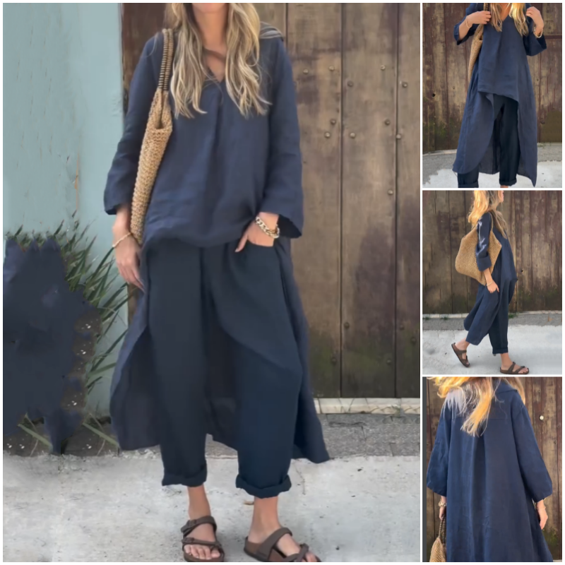 Solid High Low Hem Tops ＆ Pants Two-Piece Set