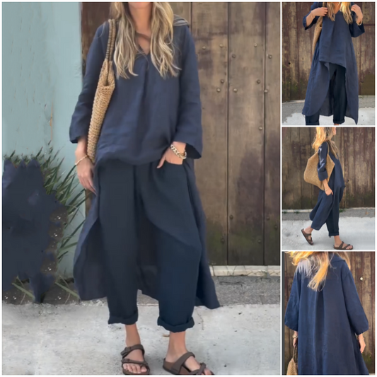 Solid High Low Hem Tops ＆ Pants Two-Piece Set