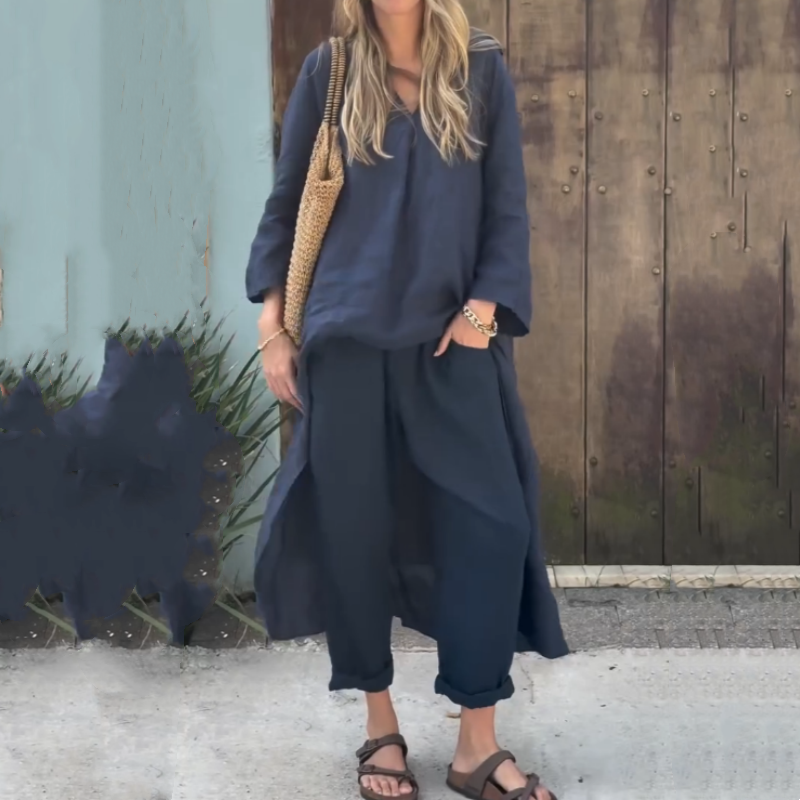 Solid High Low Hem Tops ＆ Pants Two-Piece Set