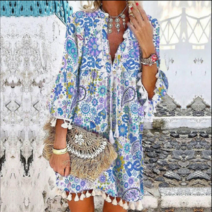 V-neck Printed Fringe Dress with 3/4 Sleeves