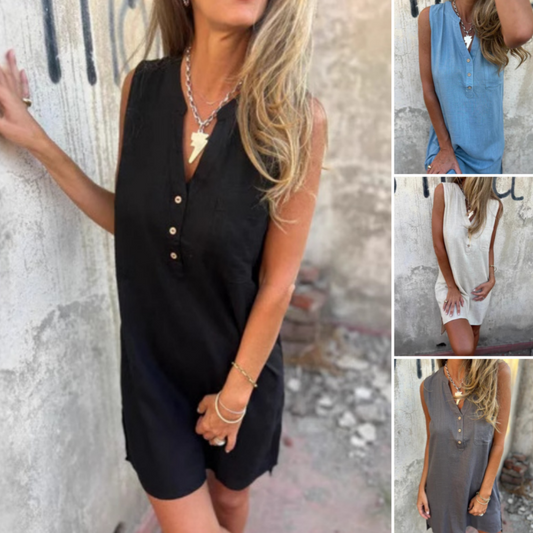 🎉Last Day Promotion 50% OFF💃💖Women's Sleeveless Button Pocket V-Neck Dress