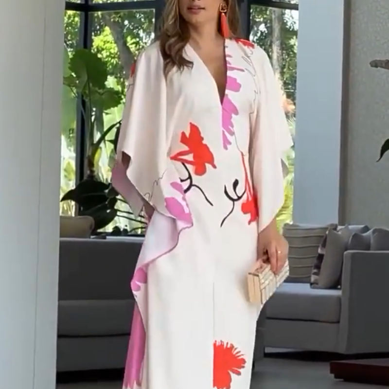V-Neck Floral Irregular Sleeve Wide Leg Jumpsuit