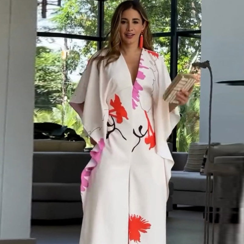 V-Neck Floral Irregular Sleeve Wide Leg Jumpsuit
