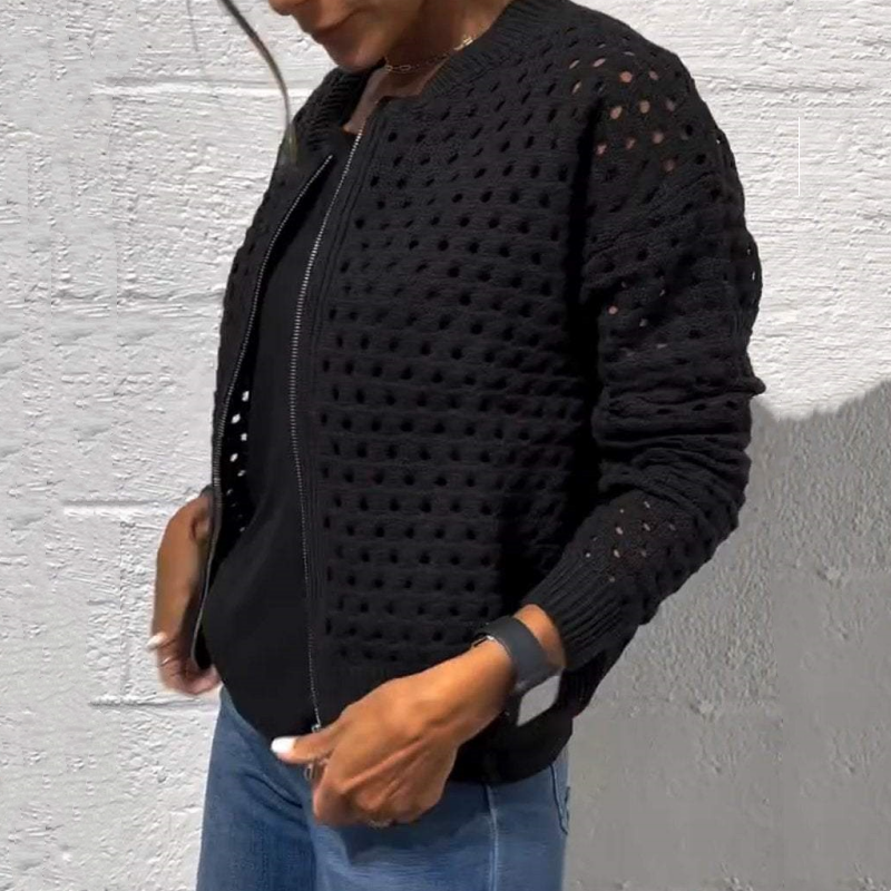 Women's Casual Zipper Knit Jacket with Hollow Design