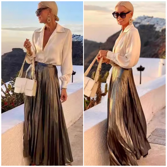 Women's White Shirt ＆ Metallic Skirt Two-Piece Set