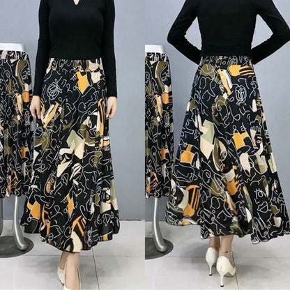 Women's Fashion High Waist Floral Pleated Long Skirt