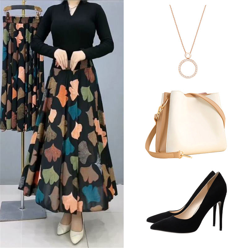 Women's Fashion High Waist Floral Pleated Long Skirt
