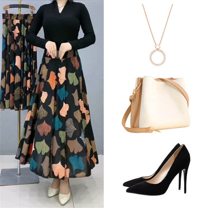 Women's Fashion High Waist Floral Pleated Long Skirt