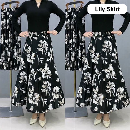Women's Fashion High Waist Floral Pleated Long Skirt