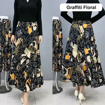 Women's Fashion High Waist Floral Pleated Long Skirt