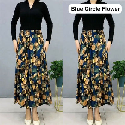Women's Fashion High Waist Floral Pleated Long Skirt