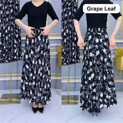 Women's Fashion High Waist Floral Pleated Long Skirt
