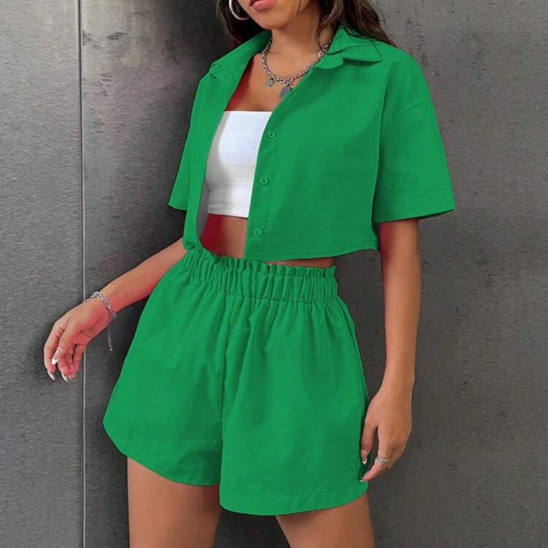 Women's Cropped Button-Down Shirt & Shorts Set
